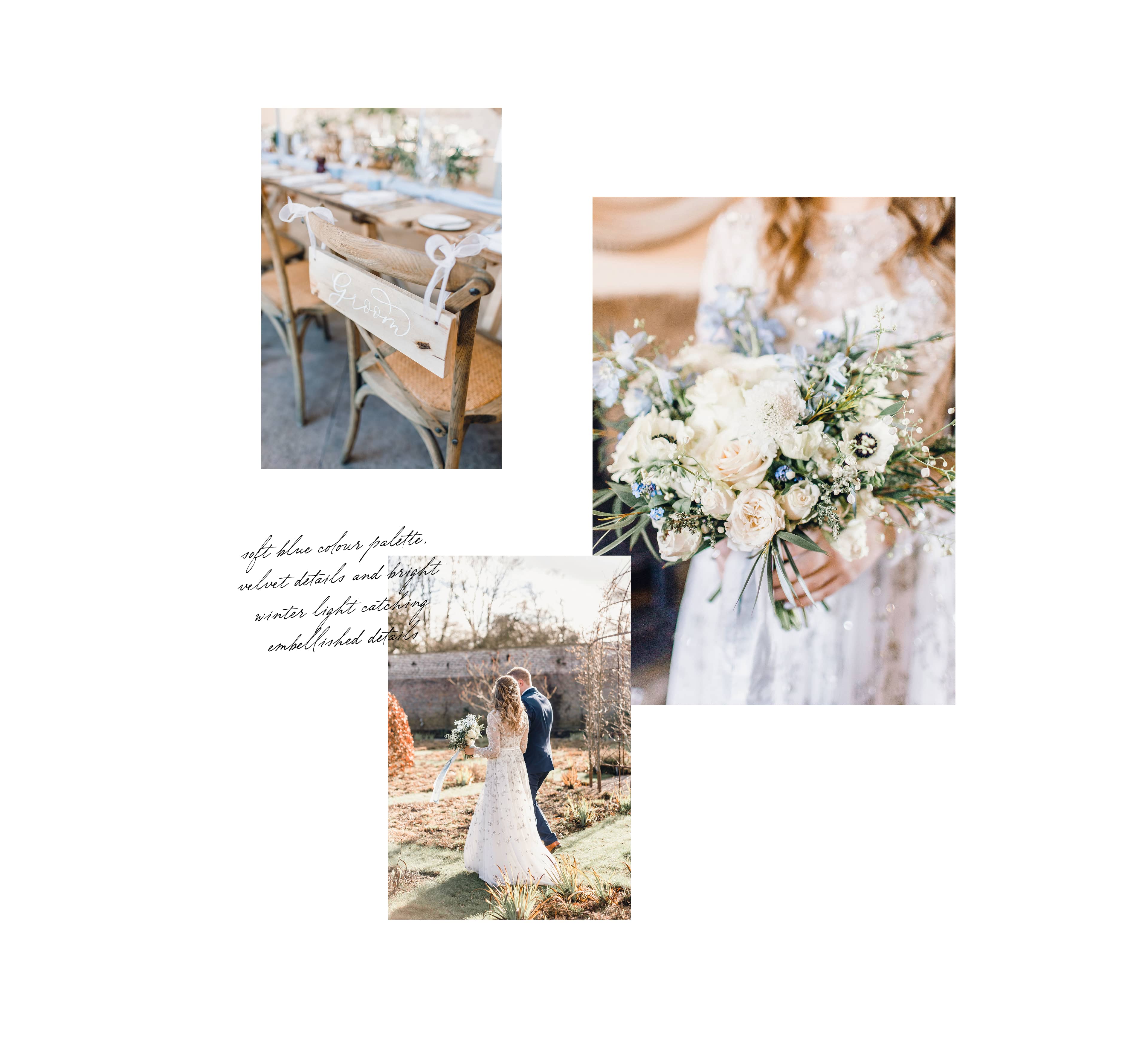 A collage of 3 images, the first is a woman in an embellished white bridal dress holding a bouquet of white and blue flowers with trailing blue ribbons. The second image is of a rustic 'groom' sign hanging on the back of a chair and the third image is a bride and groom walking in the gardens at The Fig House, Middleton Lodge.