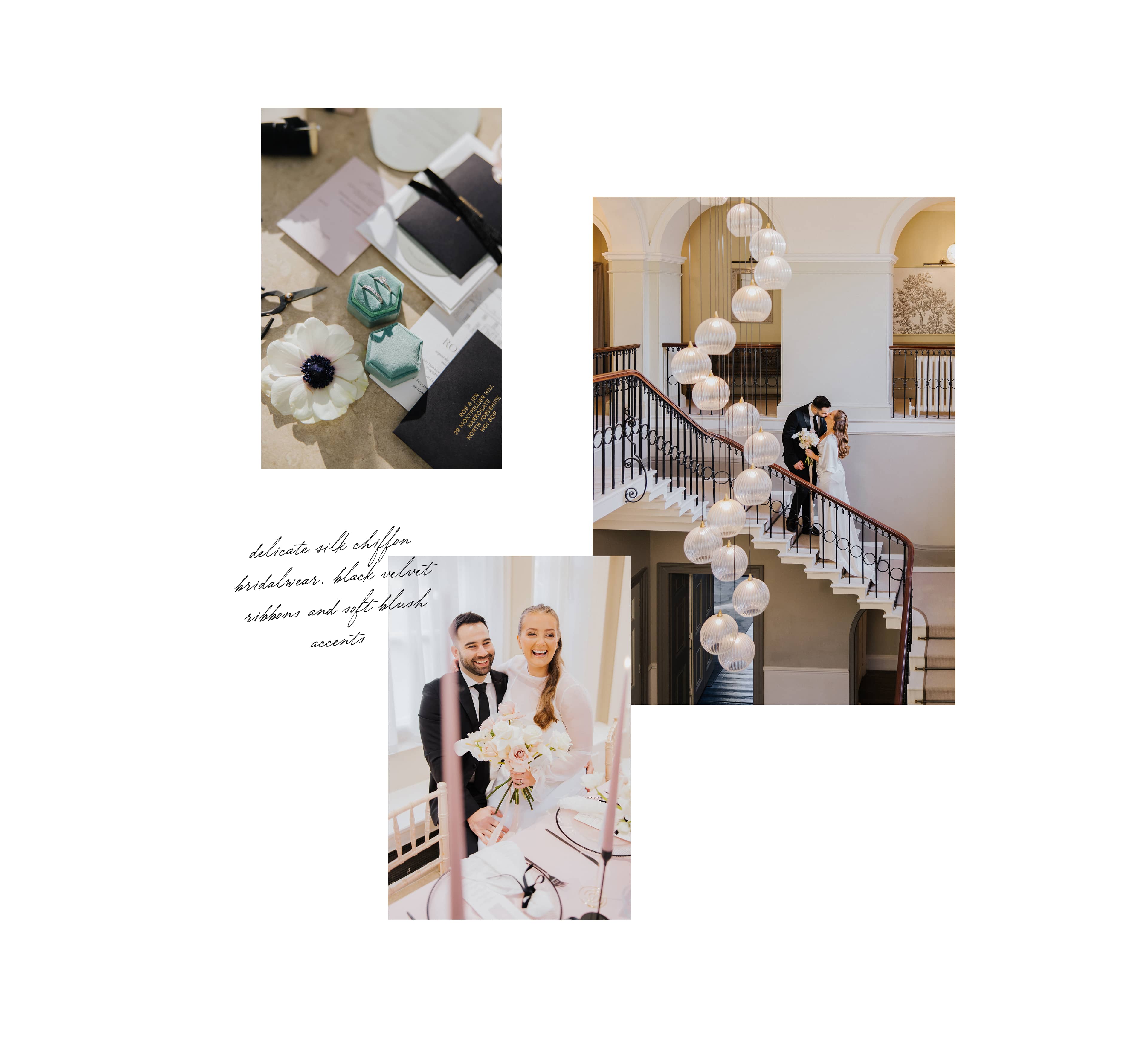 A collage of wedding photos including a close up of a wedding invitation suite, a bride and groom standing on the staircase at Saltmarshe Hall and a bride and groom sitting at a wedding table smiling and holding a bridal bouquet of white and blush flowers.