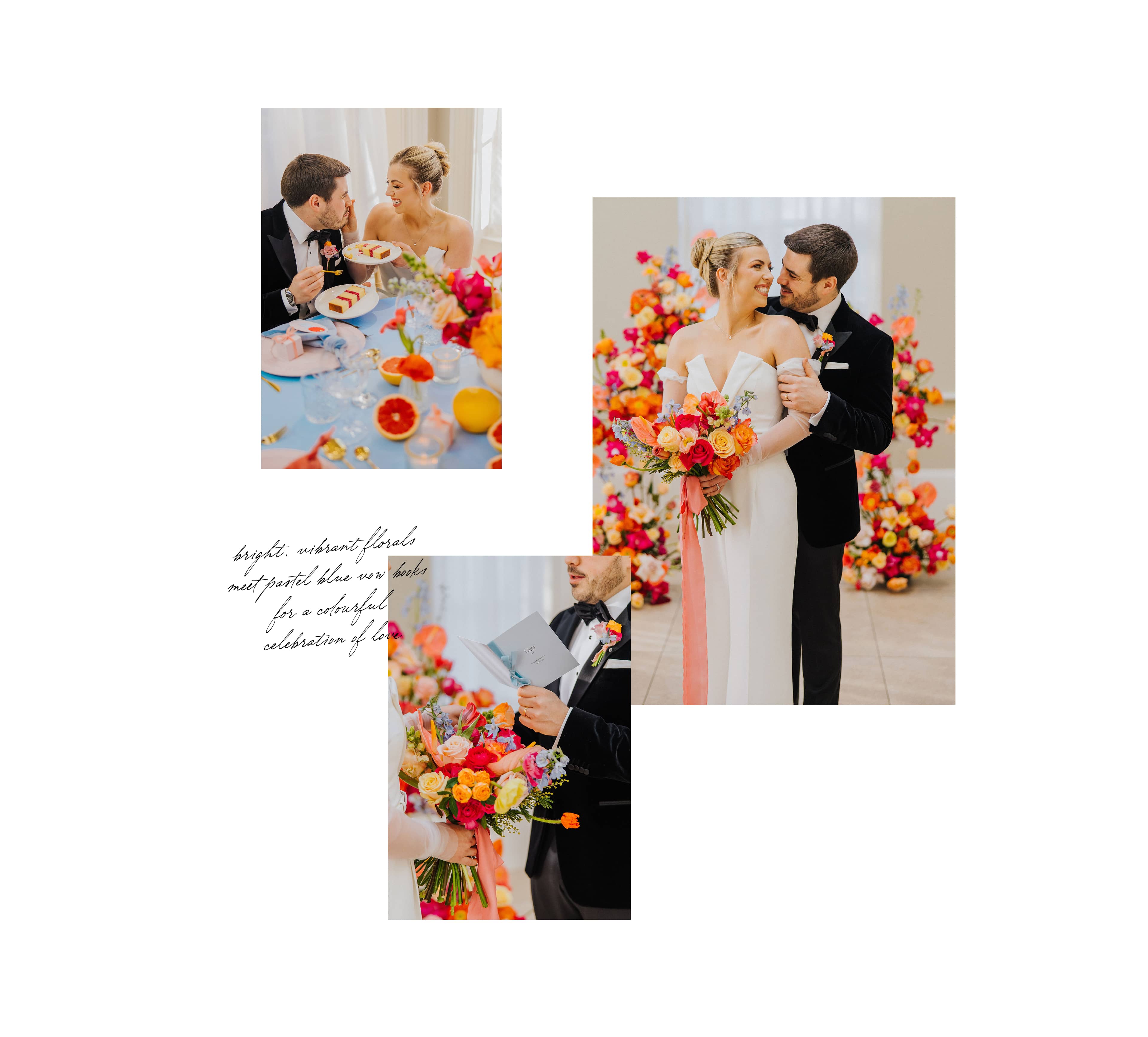 Collage of wedding photos at Saltmarshe Hall, with a couple at a table sharing a slice of wedding cake, standing at the altar and reading their vows.