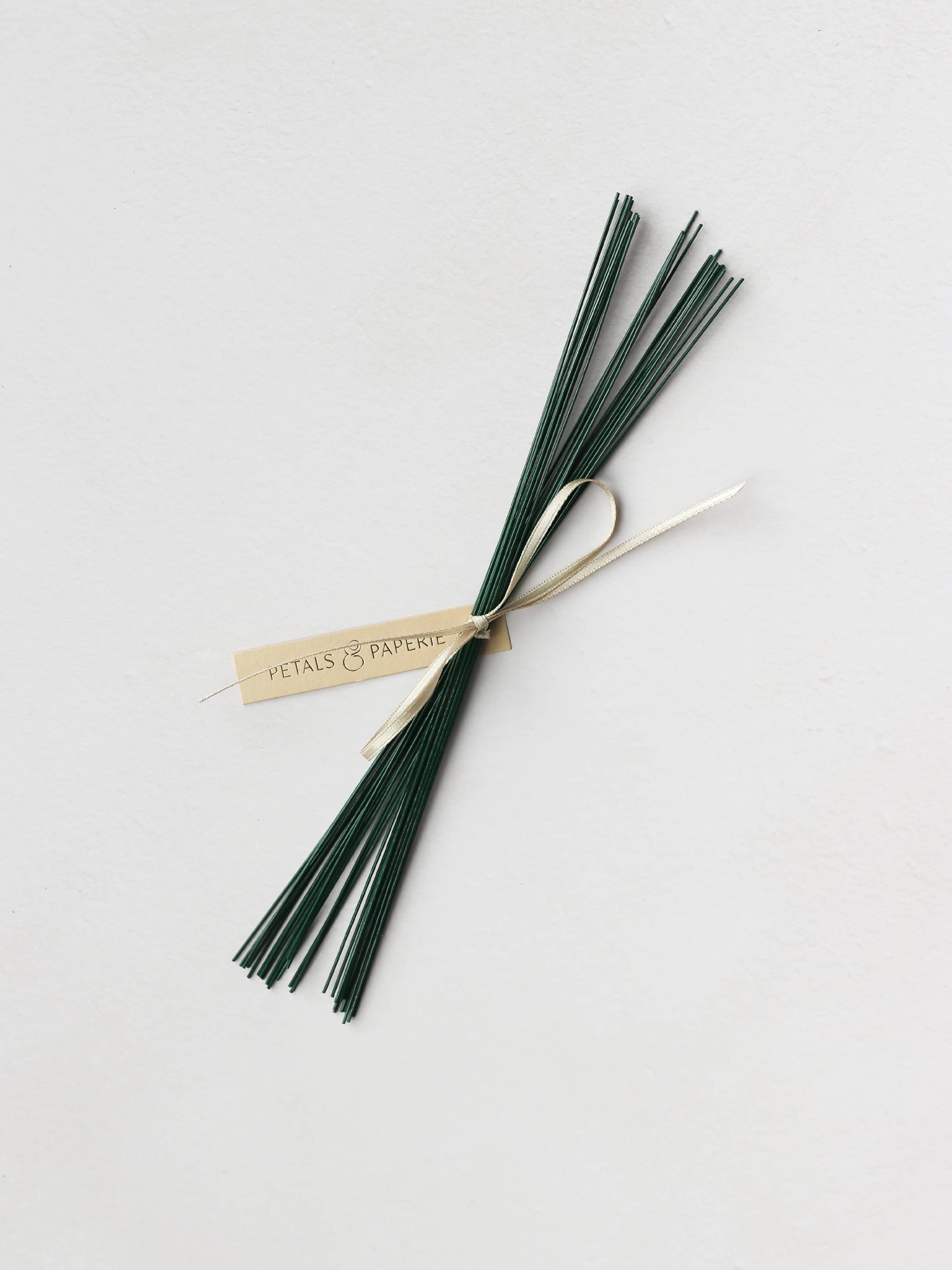 A selection of green stub wires tied together with a satin ribbon and a Petals & Paperie gift tag.