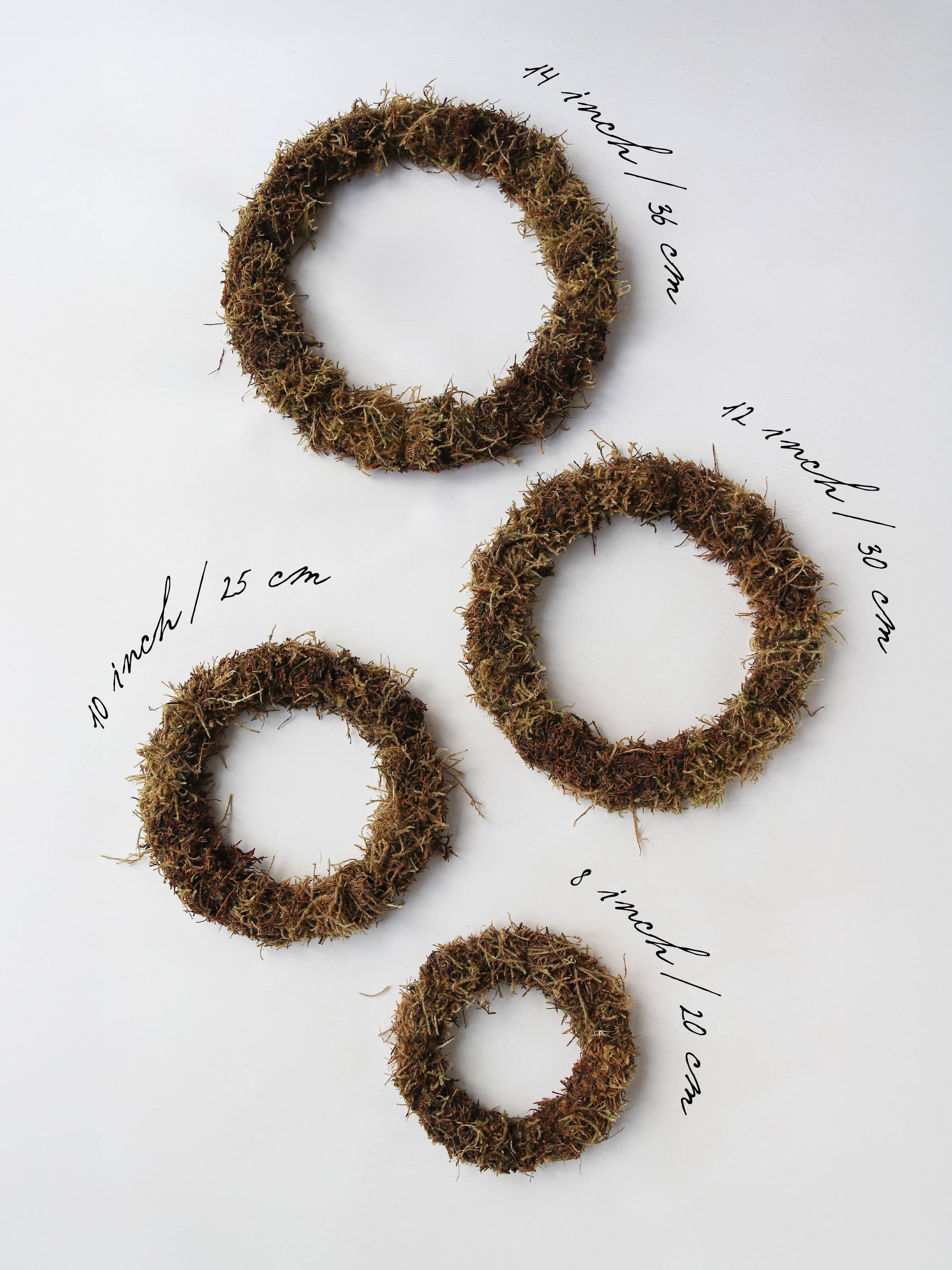 Four mossed wreath bases in varying sizes lying on a neutral background with the measurements of the wreath next to them.