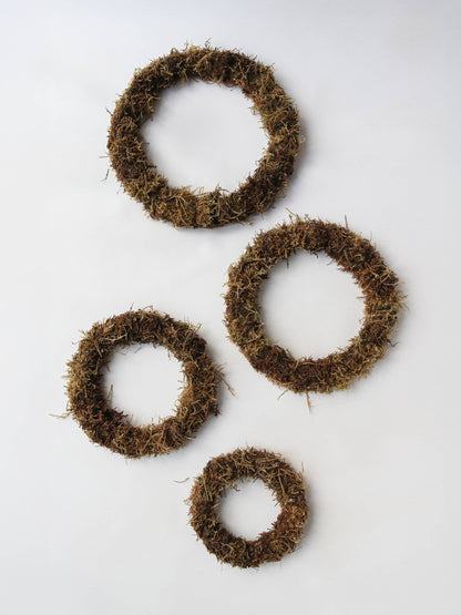 Four mossed wreath bases in varying sizes lying on a neutral background.
