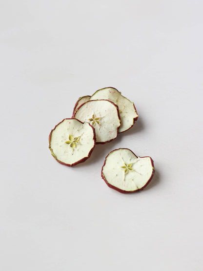 A stack of 5 dried red apple slices for Christmas wreath making lying on a light background.