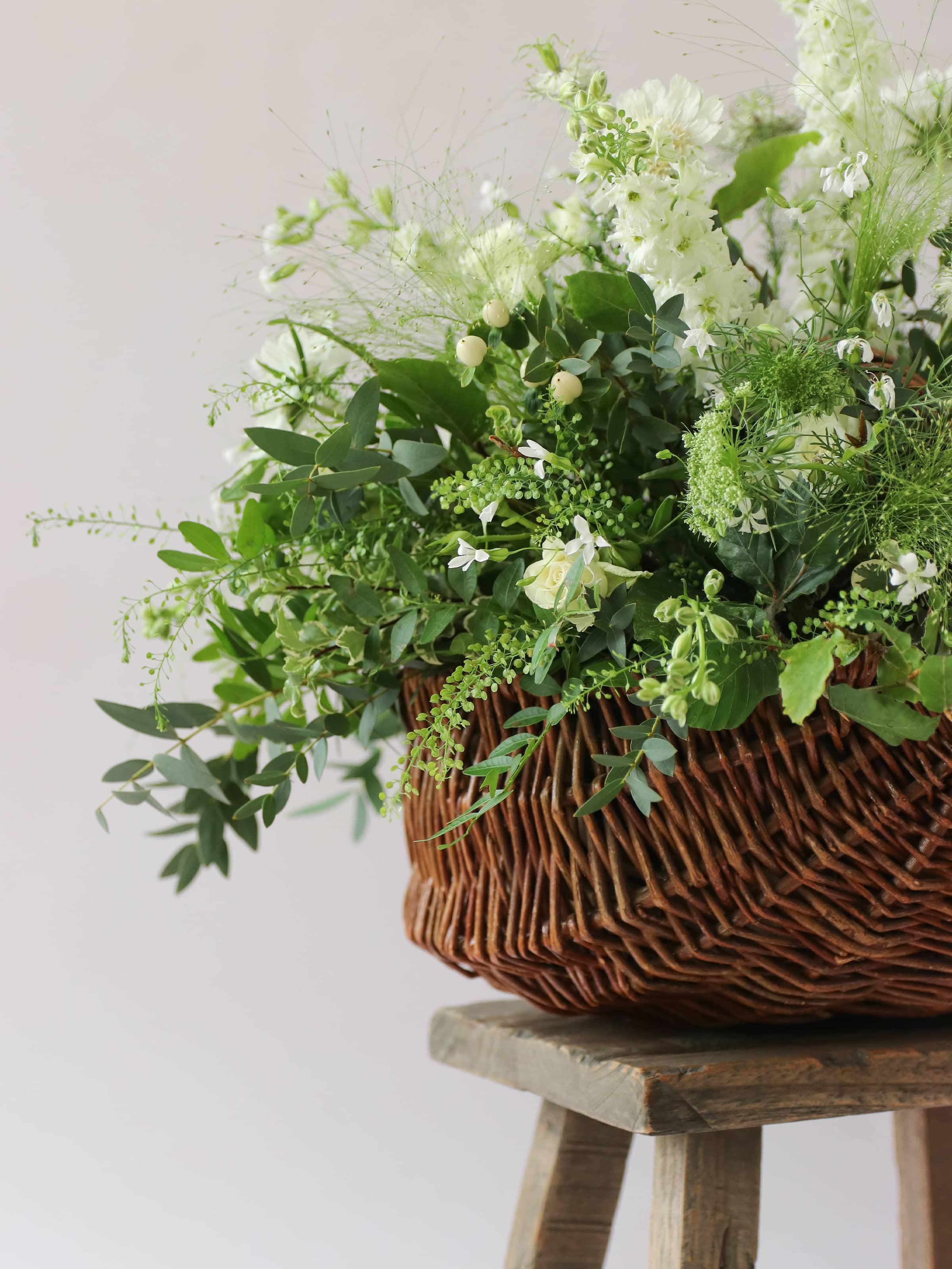 White & Green Basket Flower Arrangement